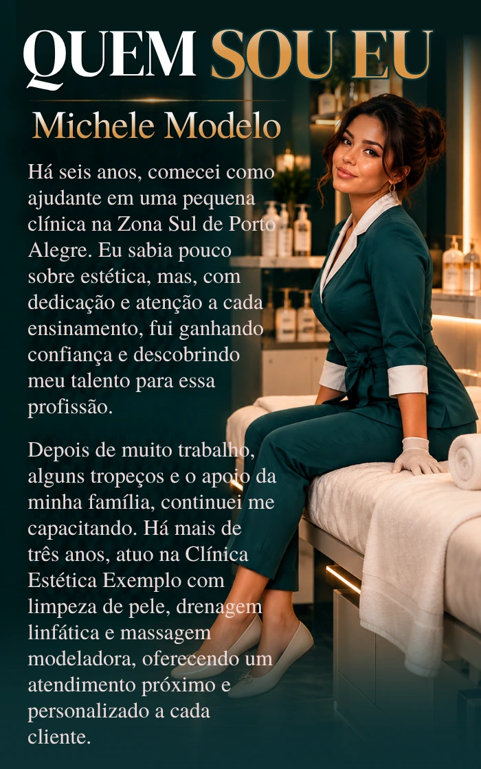 Apresentação demonstrativa da profissional fictícia Michele Modelo.